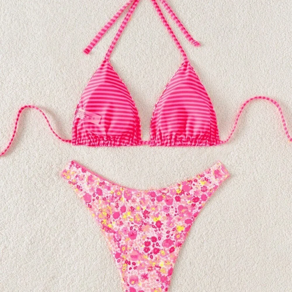 Pink Sexy Women's Reversible Print Bikini Set